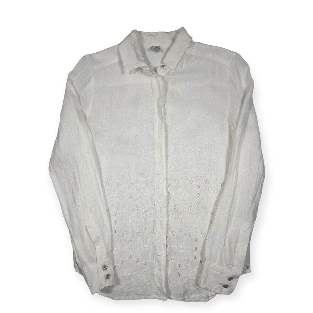 Fedeli Linen Blouse Top Floral Embroidered White Made in Italy Size 40‎